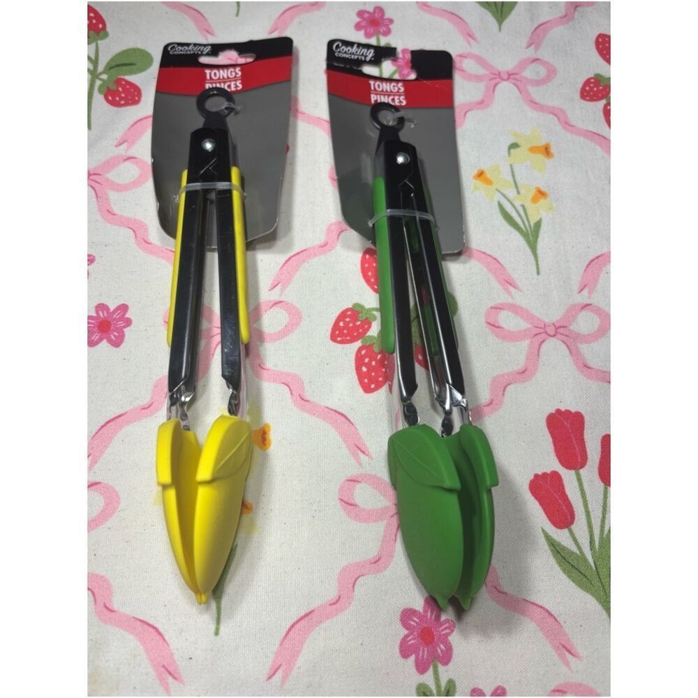 2 New Cooking Concepts Silicone-Tipped Kitchen Tongs - Yellow & Green (Pair)